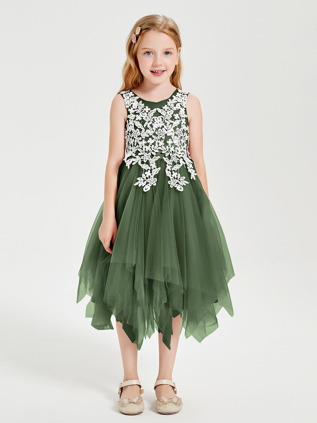 Flowy One Shoulder Chiffon Junior Bridesmaid Dresses Olive Green