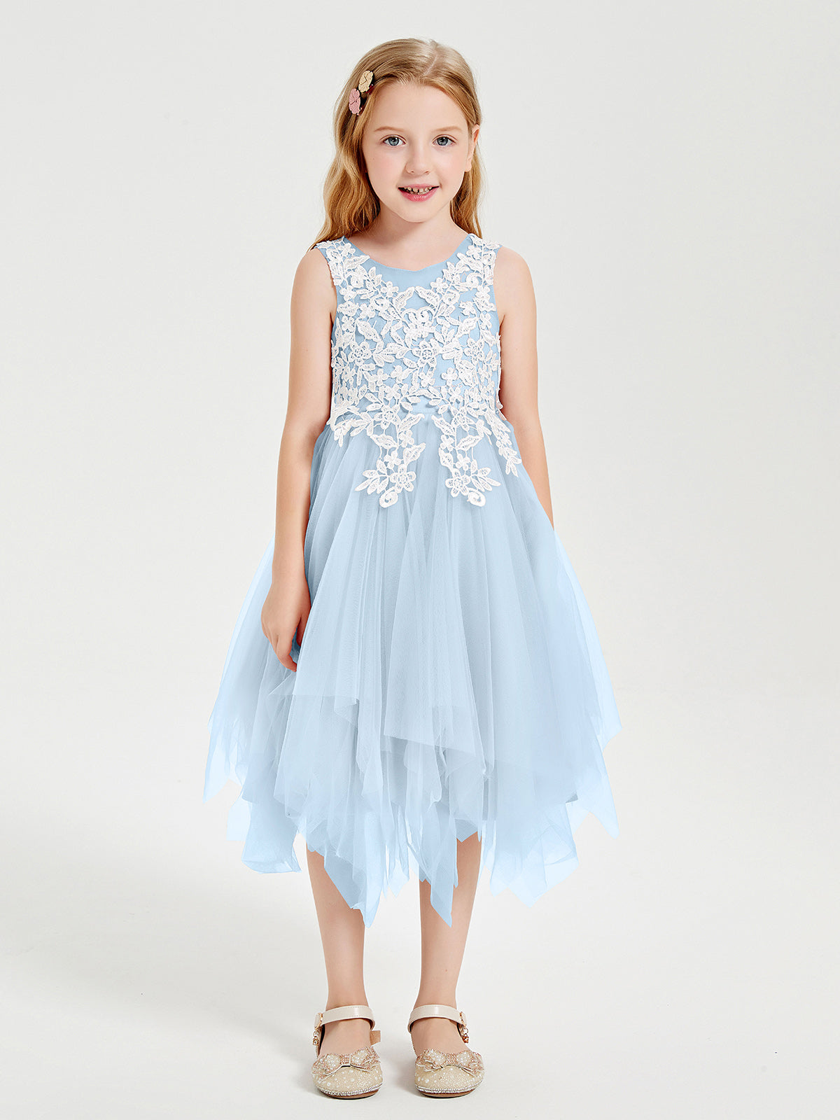 Cute V-neck Spaghetti Straps Floor-length Junior Bridesmaid Dresses Sky Blue