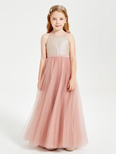 Long Junior Bridesmaid Gown Sequined Top Tulle Skirt Dusty Rose