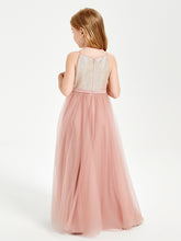 Long Junior Bridesmaid Gown Sequined Top Tulle Skirt Dusty Rose