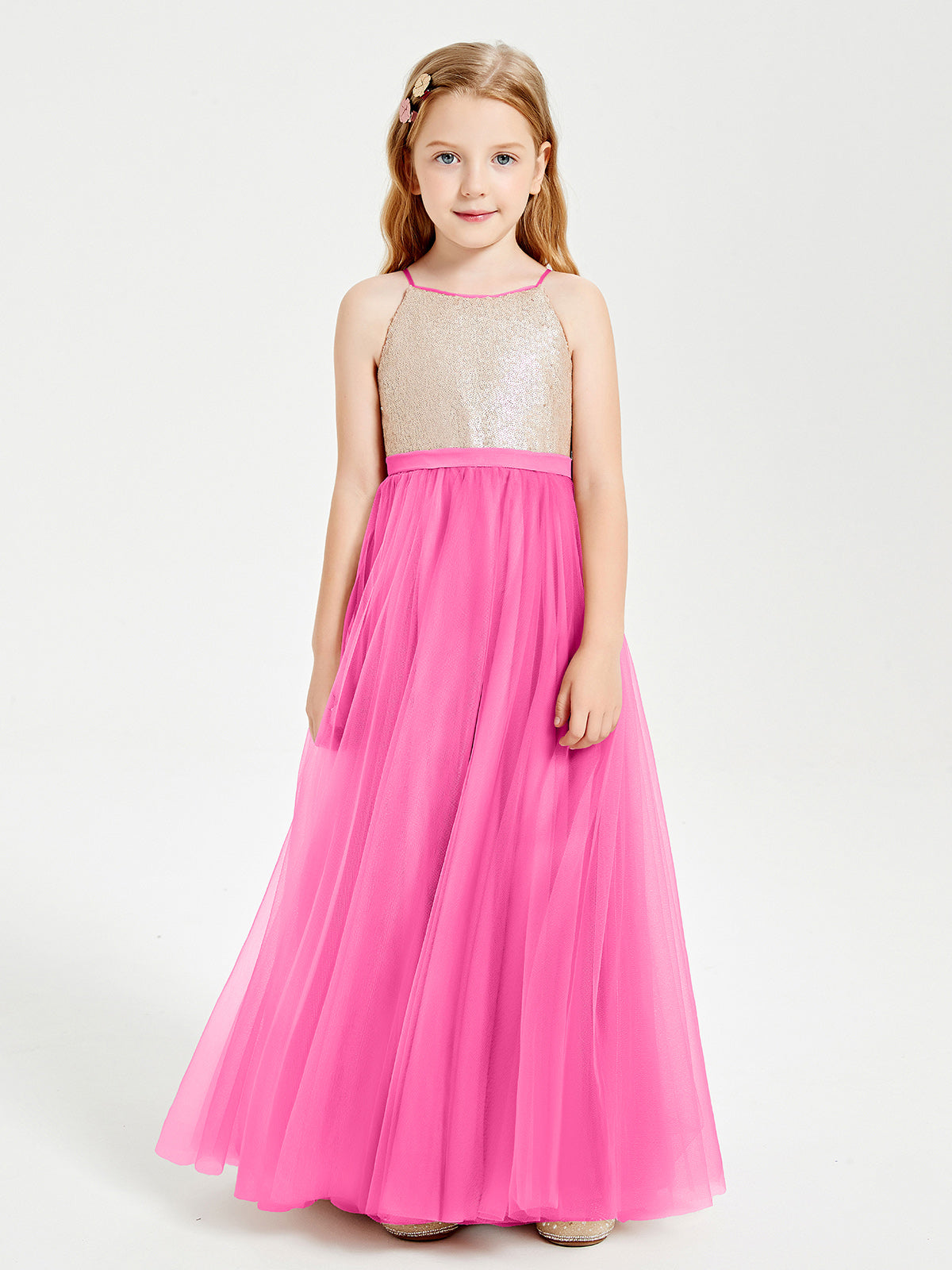 Square Neck Long Satin Junior Bridesmaid Gown Papaya