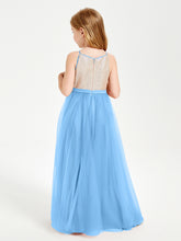 Long Junior Bridesmaid Gown Sequined Top Tulle Skirt Blue