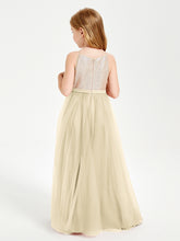 Long Junior Bridesmaid Gown Sequined Top Tulle Skirt Champagne
