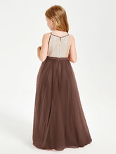 Long Junior Bridesmaid Gown Sequined Top Tulle Skirt Chocolate