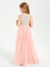 Long Junior Bridesmaid Gown Sequined Top Tulle Skirt Coral