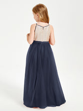Long Junior Bridesmaid Gown Sequined Top Tulle Skirt Dark Navy