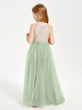 Long Junior Bridesmaid Gown Sequined Top Tulle Skirt Dusty Sage