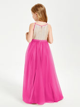 Long Junior Bridesmaid Gown Sequined Top Tulle Skirt Fuchsia