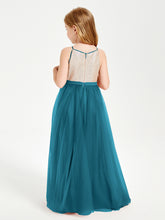 Long Junior Bridesmaid Gown Sequined Top Tulle Skirt Ink Blue