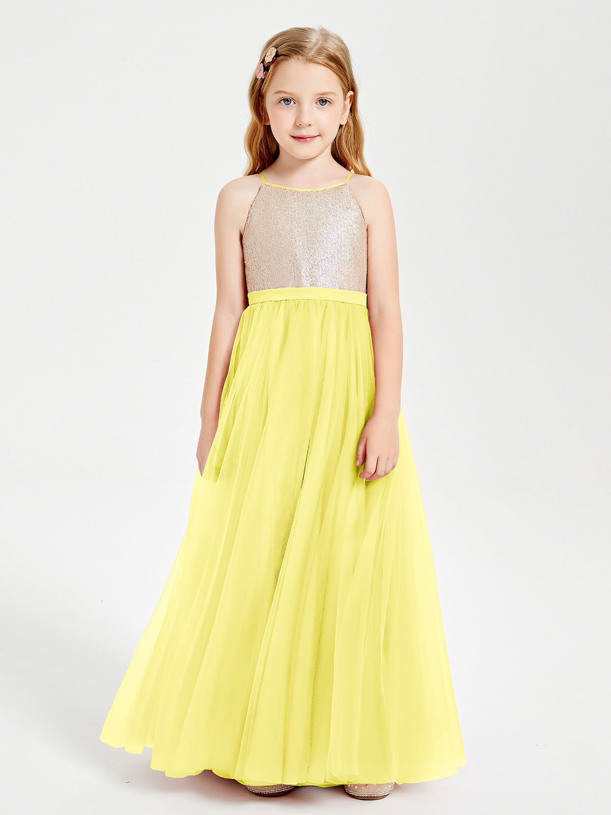 Square Neck Long Satin Junior Bridesmaid Gown Dark Green