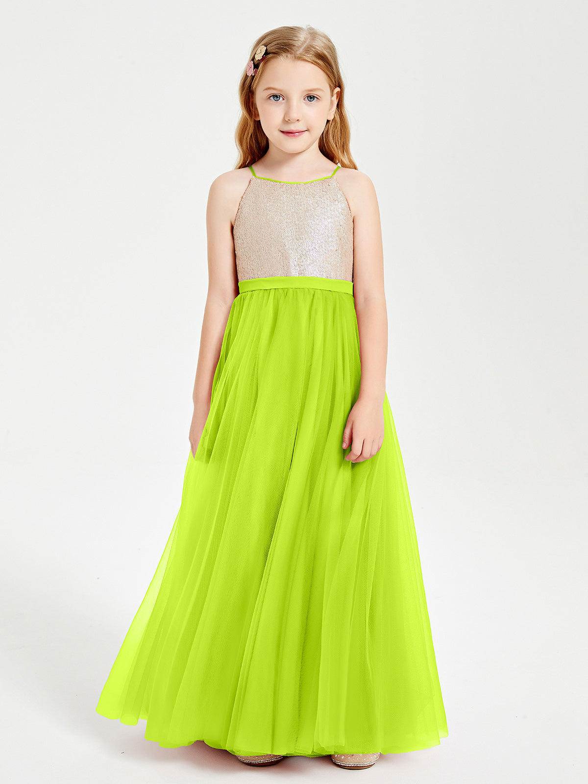 BABARONI Long Junior Bridesmaid Gown Sequined Top Tulle Skirt Lime Green, Lime Green / J4