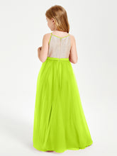 Long Junior Bridesmaid Gown Sequined Top Tulle Skirt Lime Green