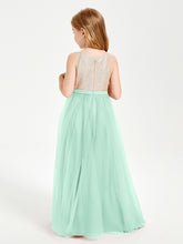 Long Junior Bridesmaid Gown Sequined Top Tulle Skirt Mint Green