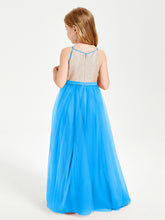Long Junior Bridesmaid Gown Sequined Top Tulle Skirt Ocean Blue