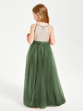 Long Junior Bridesmaid Gown Sequined Top Tulle Skirt Olive Green
