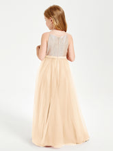 Long Junior Bridesmaid Gown Sequined Top Tulle Skirt Peach