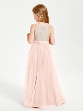 Long Junior Bridesmaid Gown Sequined Top Tulle Skirt Pearl Pink
