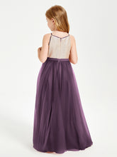 Long Junior Bridesmaid Gown Sequined Top Tulle Skirt Plum