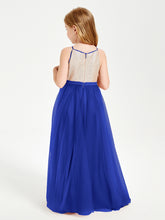 Long Junior Bridesmaid Gown Sequined Top Tulle Skirt Royal Blue