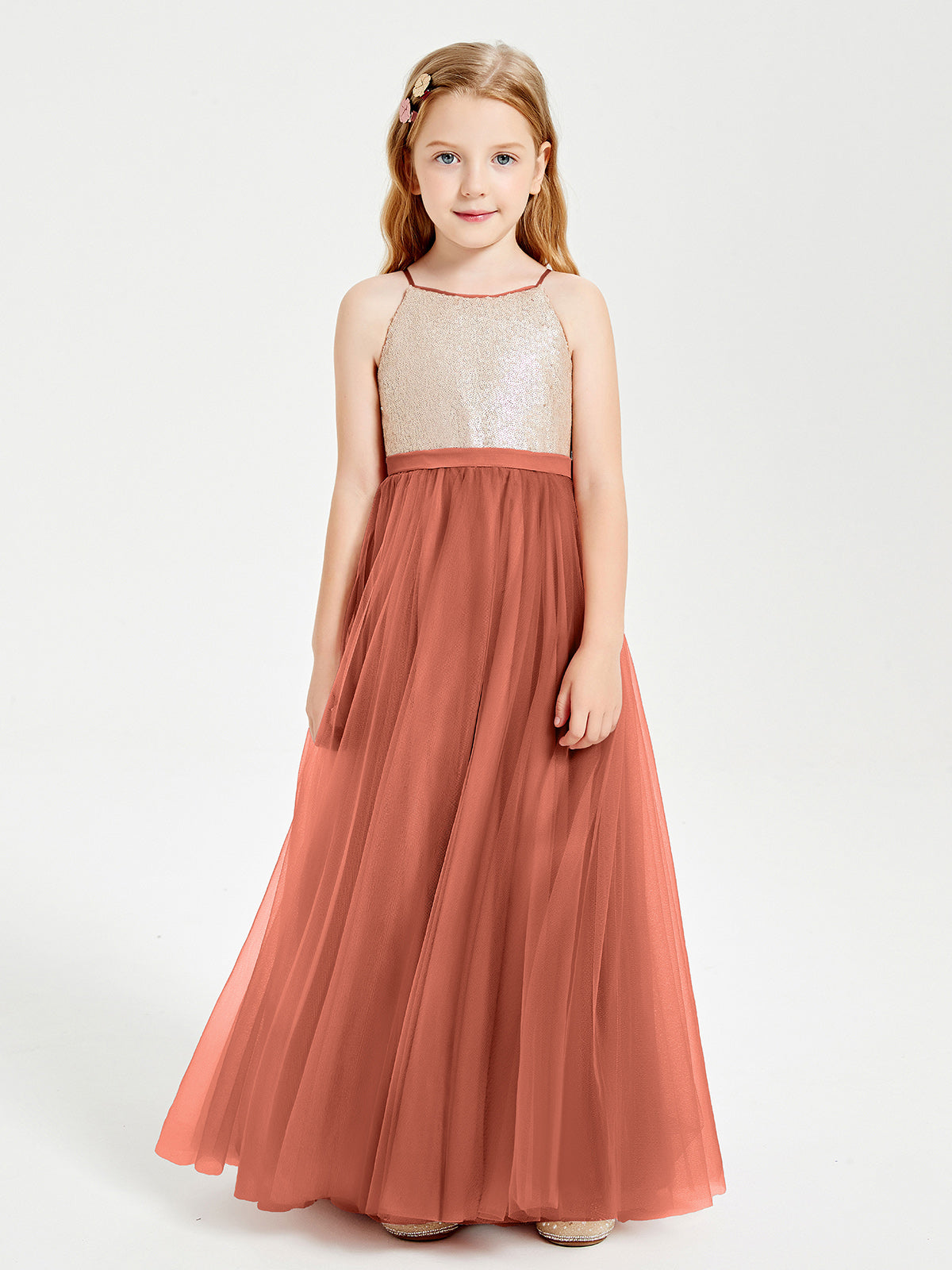 BABARONI Long Junior Bridesmaid Gown Sequined Top Tulle Skirt Rust, Rust / J4 BABARONI Long Junior Bridesmaid Gown Sequined Top Tulle Skirt Rust, Rust / J4