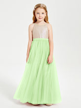 Long Junior Bridesmaid Gown Sequined Top Tulle Skirt Sage