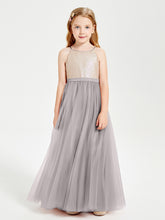 Long Junior Bridesmaid Gown Sequined Top Tulle Skirt Silver