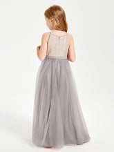 Long Junior Bridesmaid Gown Sequined Top Tulle Skirt Silver