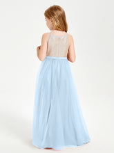 Long Junior Bridesmaid Gown Sequined Top Tulle Skirt Sky Blue