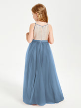 Long Junior Bridesmaid Gown Sequined Top Tulle Skirt Slate Blue