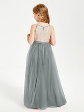 Long Junior Bridesmaid Gown Sequined Top Tulle Skirt Steel Grey