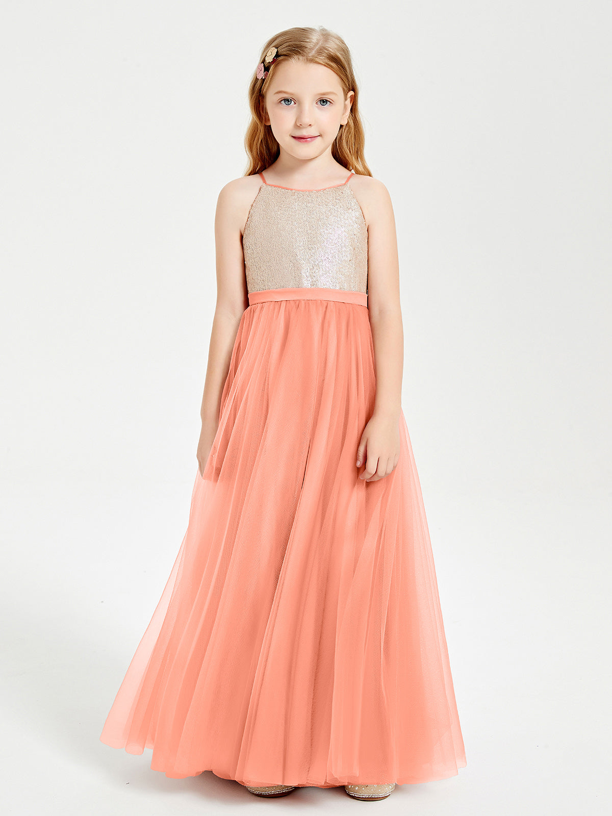 Square Neck Long Satin Junior Bridesmaid Gown Silver