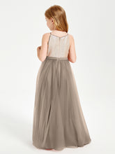 Long Junior Bridesmaid Gown Sequined Top Tulle Skirt Taupe