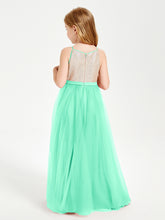 Long Junior Bridesmaid Gown Sequined Top Tulle Skirt Turquoise