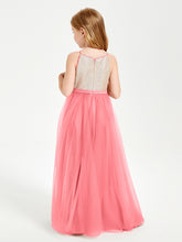 Long Junior Bridesmaid Gown Sequined Top Tulle Skirt Watermelon