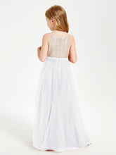 Long Junior Bridesmaid Gown Sequined Top Tulle Skirt White