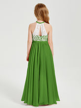 Long Chiffon Bridesmaid Dresses Lace Top Moss