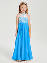 Long Chiffon Bridesmaid Dresses Lace Top Ocean Blue
