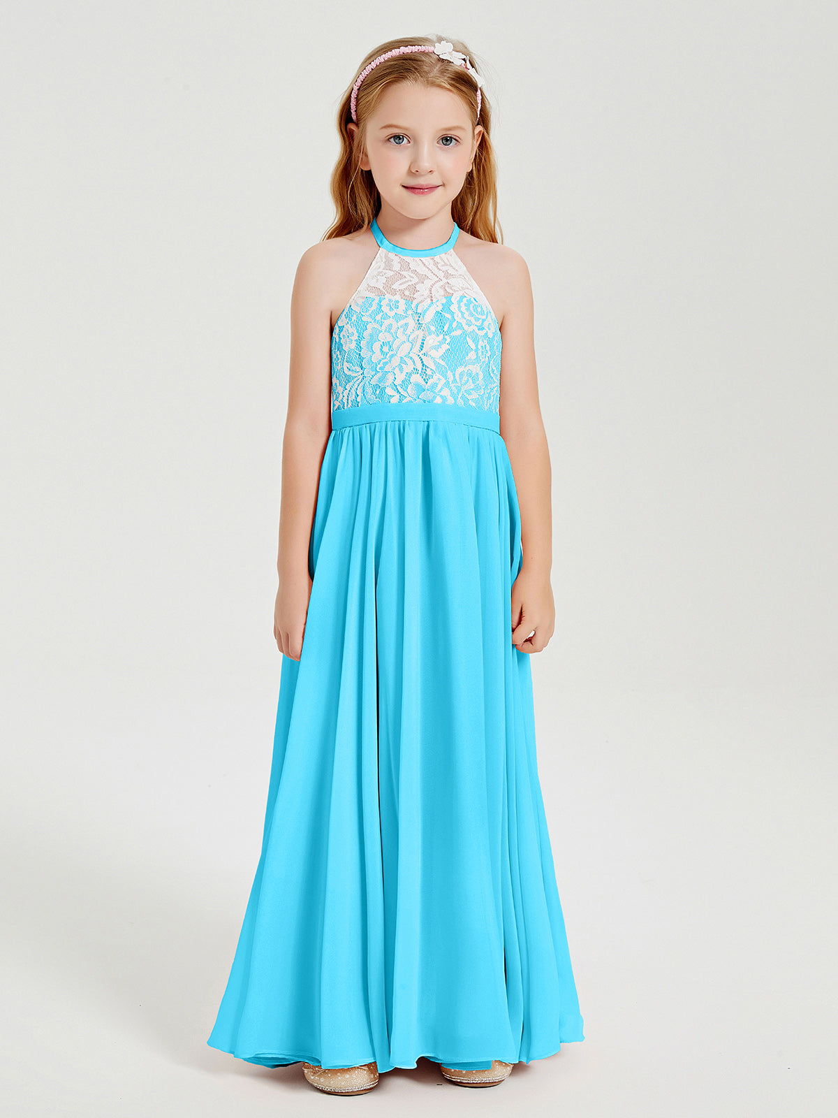 Pleated Lace Chiffon Long Junior Bridesmaid Gown Spa