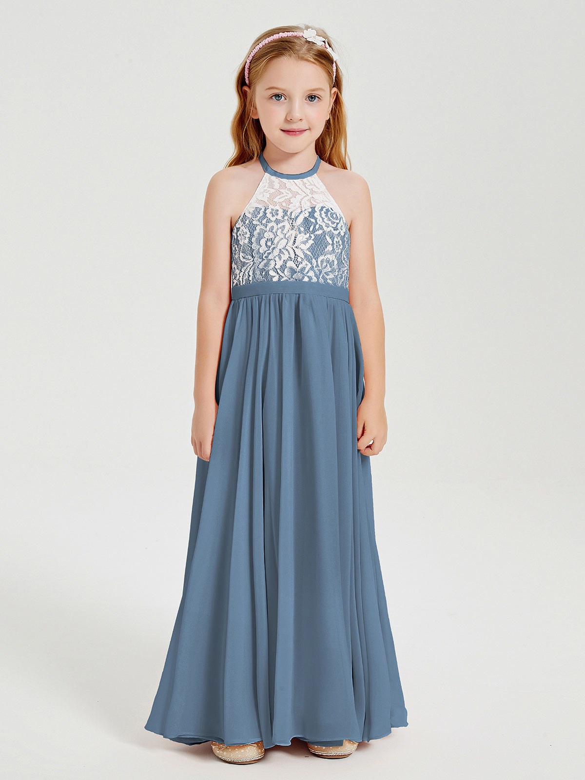 BABARONI Long Chiffon Bridesmaid Dresses Lace Top Slate Blue, Slate Blue / J4