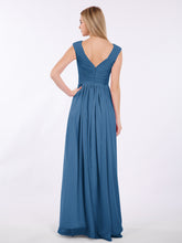 V Neck Chiffon Gown with Cap Sleeves Ink Blue