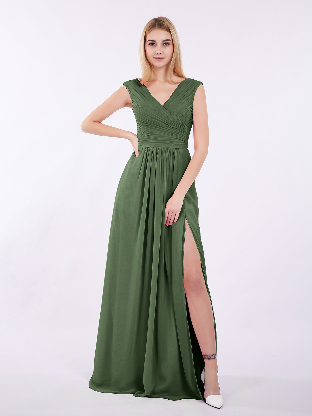 open lace back dress BABARONI V Neck Chiffon Gown with Cap Sleeves Olive Green, Olive Green / US0