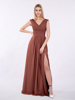V Neck Chiffon Gown with Cap Sleeves Terracotta