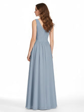 V Neck Maxi Chiffon Dresses with Ziper Back Dusty Blue Plus Size