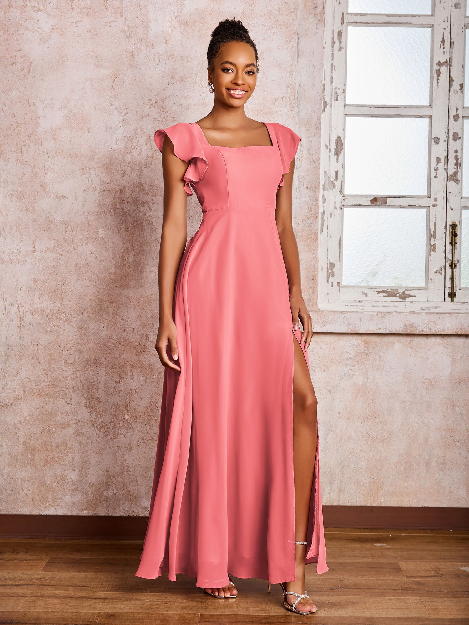 Short Bridesmaid Dress with Flutter Sleeves Watermelon
