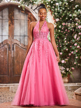 A-Line Deep V-neck Appliqued Corset Tulle Lace Maxi Prom Dresses Azalea