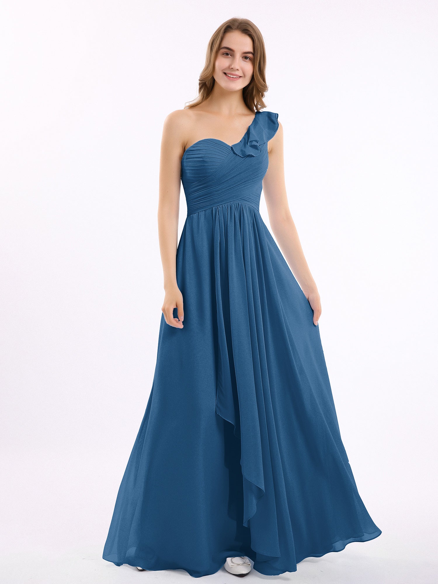 Long Chiffon Dress with One Ruffle Shoulder Mulberry Plus Size