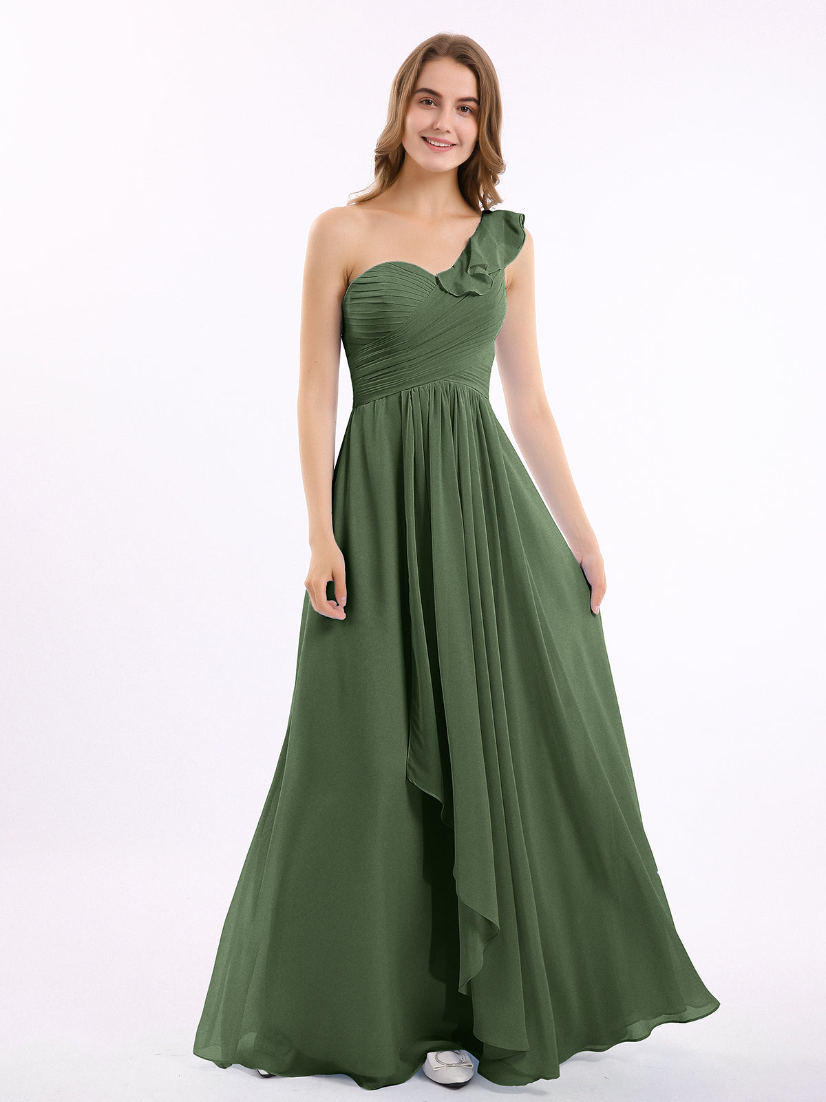 BABARONI Chiffon Olive Green Bridesmaid Dresses One Shoulder Floor-length Sleeveless Ruffle A-line BABARONI Chiffon Olive Green Bridesmaid Dresses One Shoulder Floor-length Sleeveless Ruffle A-line