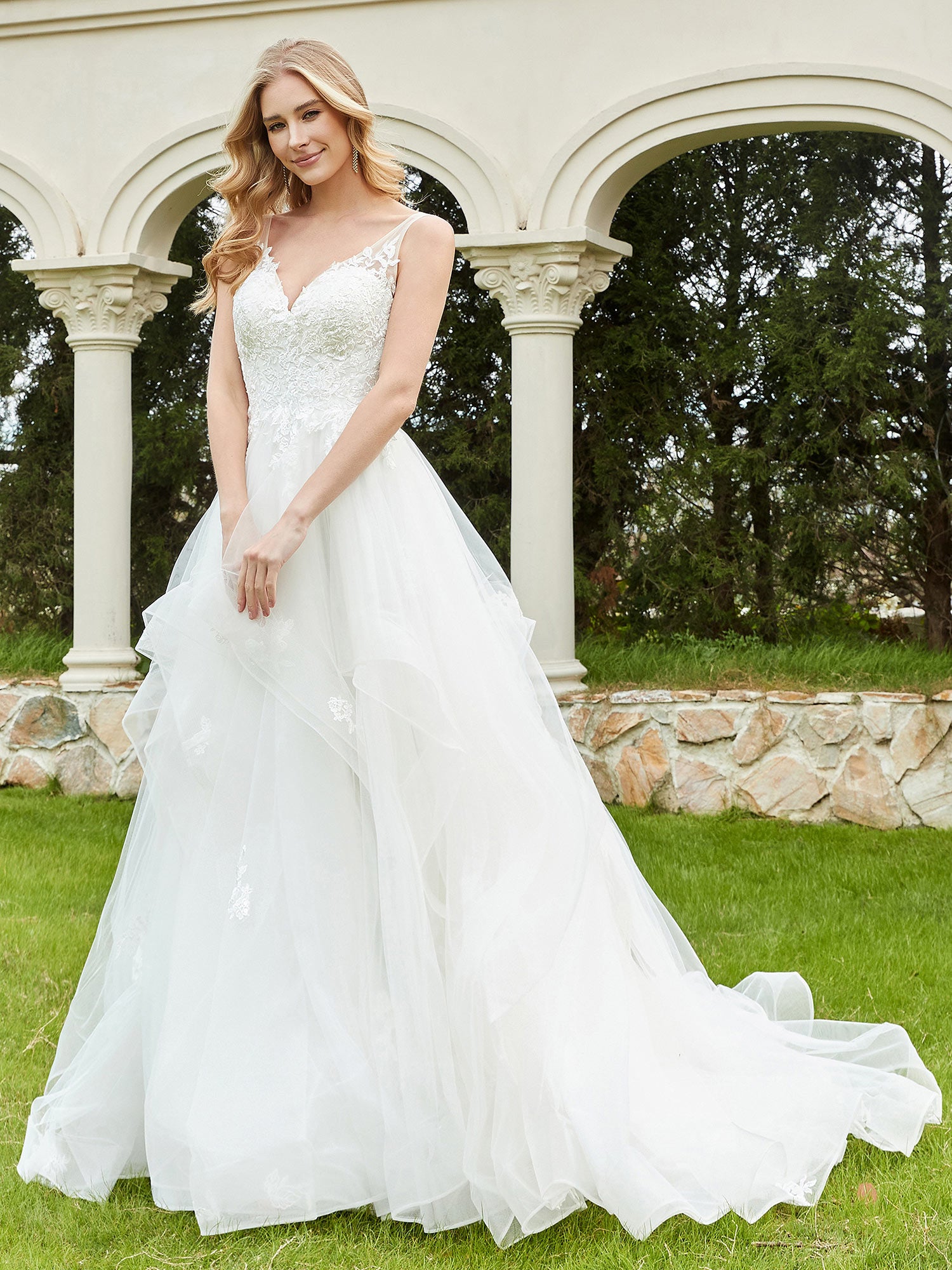 BABARONI V-Neck Lace Bodice Ruffles Tulle Wedding Dress-Ivory, Ivory / US0 BABARONI V-Neck Lace Bodice Ruffles Tulle Wedding Dress-Ivory, Ivory / US0