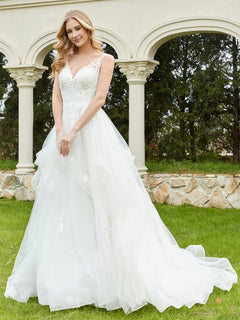 V-Neck Lace Bodice Ruffles Tulle Wedding Dress-Ivory