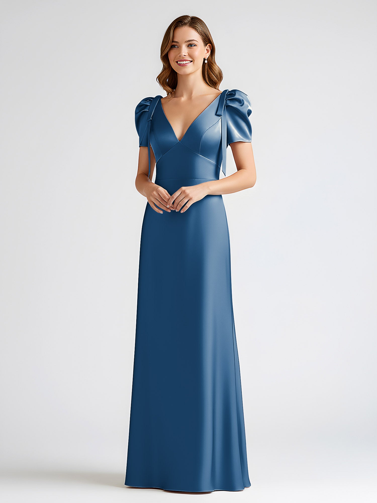 BABARONI Satin Ink Blue Bridesmaid Dresses V-neck Floor-length Short